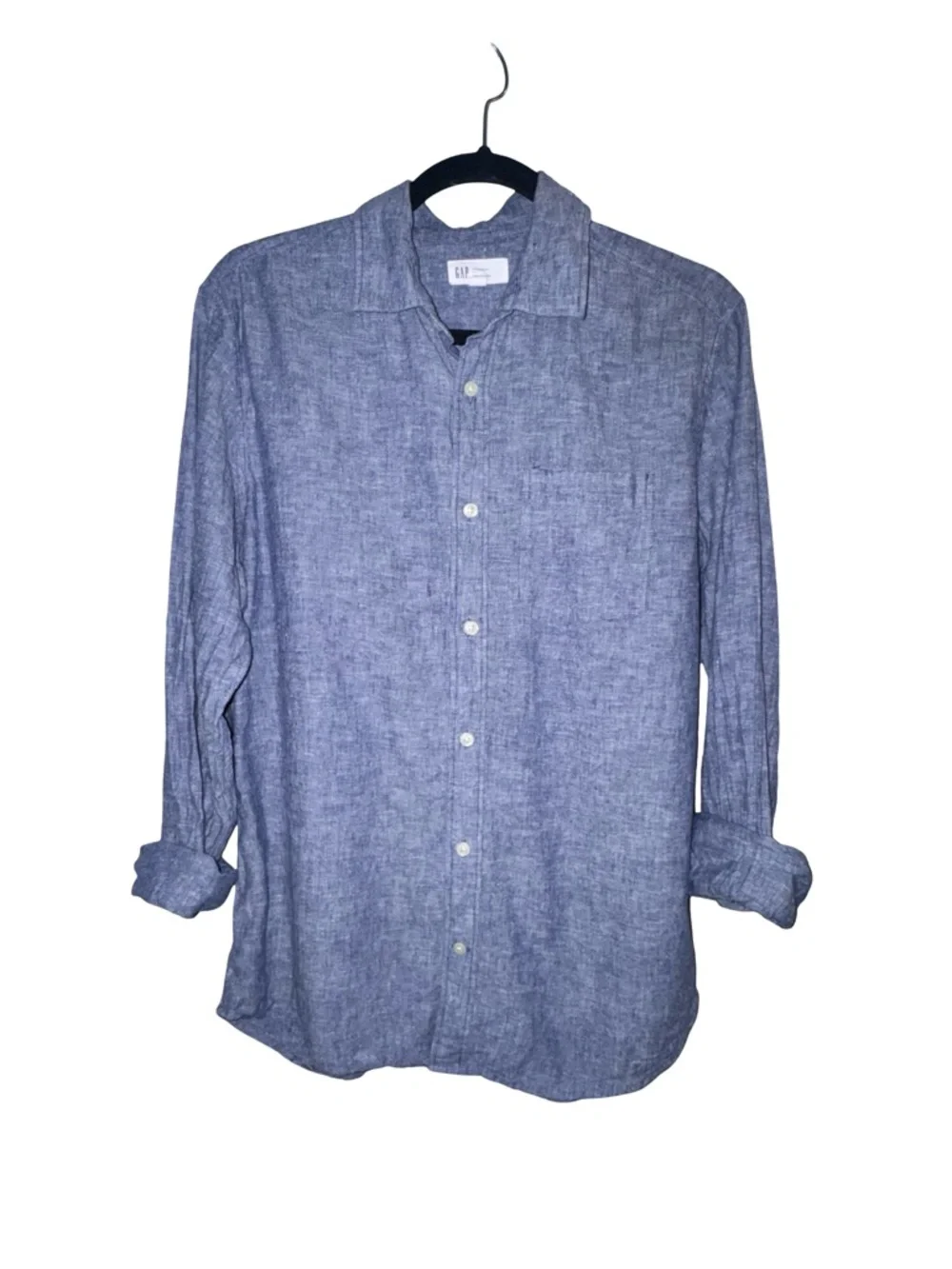 GAP Medium Blue Linen Button Down Shirt Lightweight Coastal Classic Casual - Picture 2 of 5
